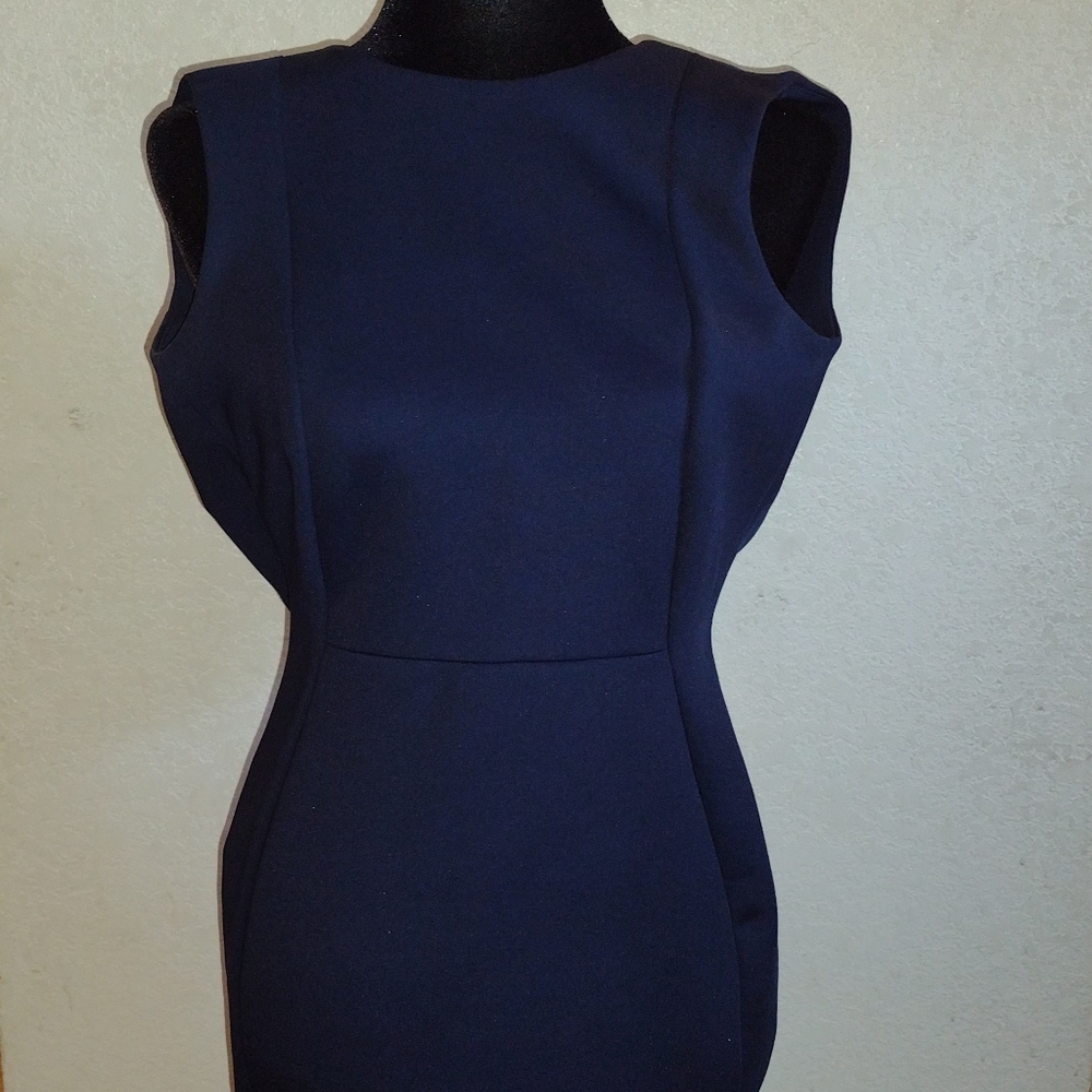 Pre loved Calvin Klein Navy Blue Column dress. Back zip. 2